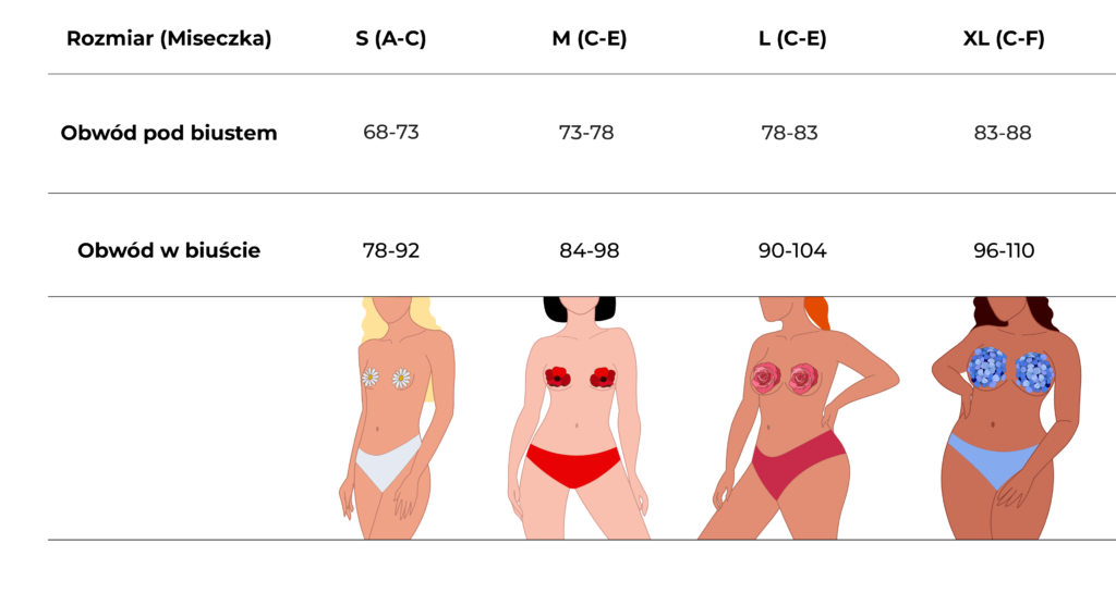 Tabela rozmiarów Little Sparkle – obwód biustu, talii i bioder w rozmiarach S–XXL